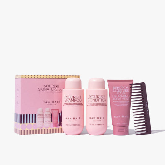 Nak Holiday Nourish Trio With Gift | Nourish Shampoo 350Ml + Conditioner 350Ml + Replends Moisture Mask 150Ml | Hydrating Hair Care Set For Dry & Damaged Hair | Full-Size Signature Pack